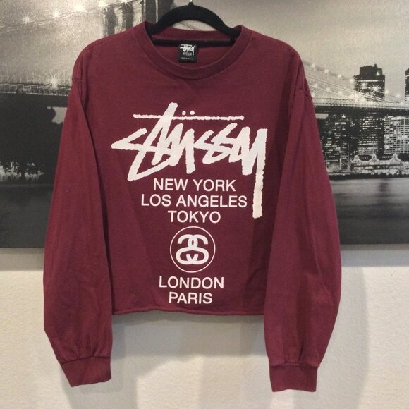 Stussy World Tour Maroon Long Sleeve Crop T-Shirt Sz M
